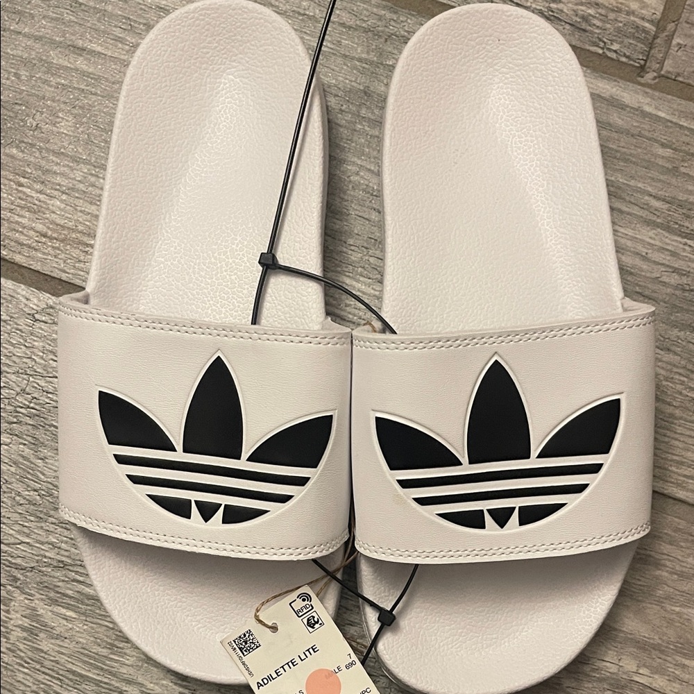 Adidas Adilette Lite White Slides with Black Logo